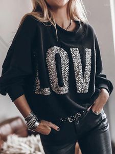 Camicette da donna Paillettes Patchwork Amore Girocollo Top Allentato Casual Manica lunga Donna Camicetta nera 2024 Streetwear Pullover a pipistrello femminile