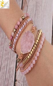 CSJA Natural Stone Armband Pink Quartz Leather Wrap Armband för kvinnor Rose Gems Crystal Beads Böhmen smycken 5 Strand S308 2204599712