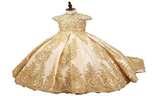 Girl039s vestidos de luxo flor menina vestido com miçangas cristal para casamento ouro glitz vestidos de baile trem meninas personalizado made5123748