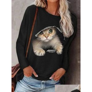 T-shirt da donna Haruku 3D Cat Stampa Magliette da donna Autunno Moda Oneck Manica lunga Piviere Top Lady Casual Tee Donna Allentata Stree Ott5G