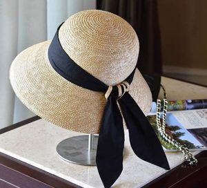 Cloche Straw for Women UPF50 Sun Black Ribbon Knot Wide Brim Woven Backet Summer Beach Cap Derby Hat T2006021942341