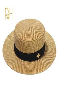 Ladi Sun Boater Flat Hatts Small Bee Sequin Straw Retro Gold flätad kvinnlig solskydd Shine Cap RH9085933