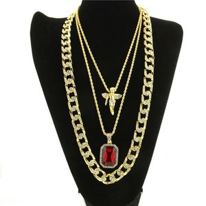 Mens Hip Hop Necklace Ruby Pendant Necklaces Fashion Cuban Link Chain Jewelry 3Pcs Set286a