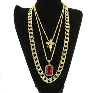 Collana Hip Hop da uomo Collane con ciondolo in rubino Moda Catena a maglia cubana Gioielli 3 pezzi Set286a