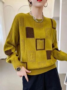 Kadın Sweaters Kış renk bloğu ekose kazıcılar Korean moda üstleri büyük boy kazak o boyun retro sıcak bayan jumper'lar