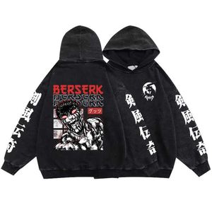 Guts Print Hoodies Berserk Sweatshirts 100% Cotton Oversize Washed Men Hip Hop Clothes Y2k Anime Hoodie Autumn Top