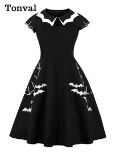 Vestidos tonval bat bordado trajes de halloween festa vestidos vintage para mulheres boné manga buraco da fechadura frente algodão retro a linha vestido