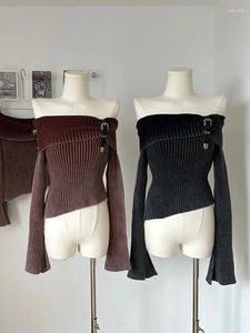 Maglioni da donna con spalle scoperte Donna maglia corta top manica svasata slim Frence pullover autunno retrò a righe solido femminile elegante sexy