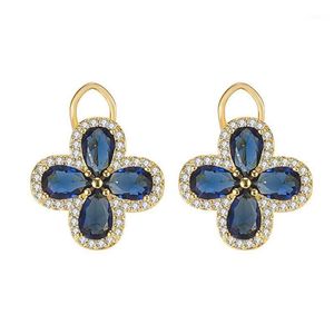 Ohrstecker Vintage Royal Clover Blauer Kristall Saphir Edelsteine Diamanten Ohrringe für Frauen Gold Farbe Schmuck Bijoux Party Accessorie1245N