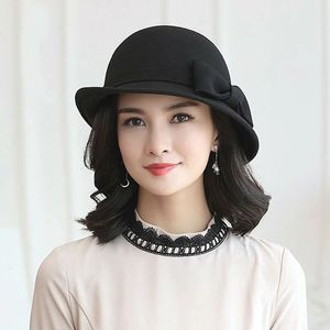 Mother Gift Women Winter 100% Wool Felt Cloche Hats Lady Elegant Up-turn Brim Bowknot Fedora Hat 231225