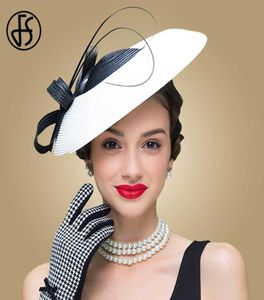 Fs fascynatorzy czarne białe śluby Pillbox kapelusz dla kobiet słomka fedora czarna szeroka szeroka sukienka kościelna damska sukienka sinamay derby hats 21616514