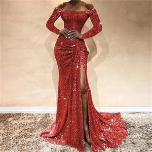 Women's Red Sequin Ball Dress Sexy Off the Shoulder Long Sleeve Party Dress Elegant High Waist Split Mermaid Evening Dress 231226