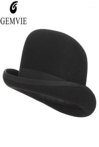 Gemvie 4 rozmiary 100 Wool Feel Black Bowler Hat for Men Satin Satin podszewki Fashion Party Formin Fedora Costume Magician Cap14355987