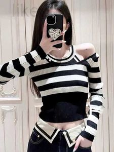 Bustiers & Corsets Designer Brand Chic Square Neck Slim Fitting Hollow Out Striped Patchwork Knit Shirt with Autumn Design Sense Bottom Top for the Small Group RITG