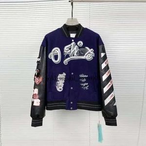 Off White Autumn Winter Brand Jacket Ny kappa Man och kvinnliga älskare Ow Heavy Industry broderad ull skarvad läderhylsa 95