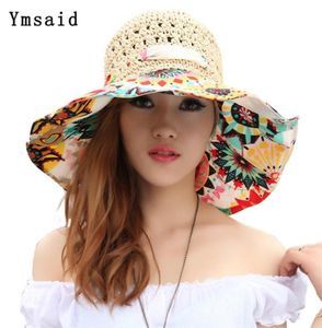 Fashion Sun Hat For Women Holiday Beach Straw Female Hollow Printed Bow Summer Big Brim Fold Uv Protection Floppy 2203124805850