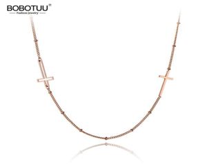 Religijne tytanowe stal nierdzewna podwójne krzyżowe naszyjniki dla kobiet Rose Gold łańcuch Link Pendant Naszyjnik BN19173 Chokers1089649