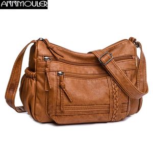 Annmoler lüks omuz çantaları kadınlar için vintage messenger çanta yumuşak pu deri crossbody çanta kahverengi deri çanta cüzdanı 231226