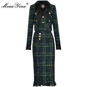 Moaayina modedesigner vinterplädda tweed kjolar kostym kvinnors båge pärlor långärmad jacka tofs kjol 2 bitar set 231225