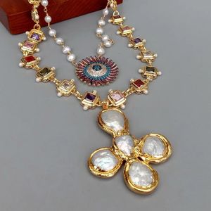 YYGEM 2 Reihen weiße Perlen-Rosenkranzkette, kubische Zirkonia-Kette, Halskette, 44 x 52 mm, CZ-Charm, Münze, Perle, Kruzifix-Anhänger, 231225