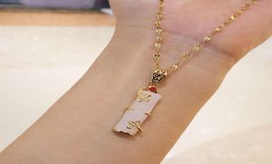 Real Gold Plated Stainls Steel Necklace Jewelry Long Bamboo Shape Pink Natural Jade Pendant Necklace for Women Girls255Z26342965913