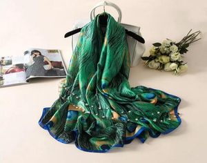 Primavera outono designer lenços de seda cachecóis feminino impressão digital verde pavão penas xales hijab foulard 180cm9656654