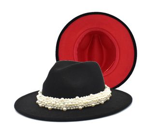 Wool Jazz Fedora Hats Casual Women Leather Pearl Ribbon Felt Hat White Pink Yellow Panama Trilby Formal Party Cap 58CM4040563