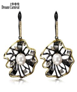 DreamCarnival 1989 Orecchini fiore di loto Perla creata cava CZ Colore oro nero Hip Hop Pendientes tipo gota Feste Gioielli 25160717