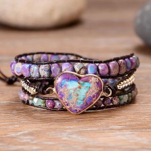 Braccialetti Braccialetti avvolgenti in pelle Chakra spirituale romantico con pietra mista a forma di cuore Bracciale a 3 fili Gioielli classici Bijoux Dropshipping