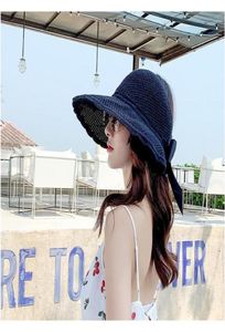 Elegant vikbara solhattar för kvinnor breda randen justerbar rygg med en båge sommar sombreros damer strand ua halmvisorer wmtiny lycka5070125