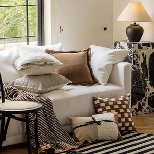 Poduszka moda maillard brązowa okładka ręcznie robiona patchwork skórki tkana nowoczesna minimalistyczna dekoracja domu