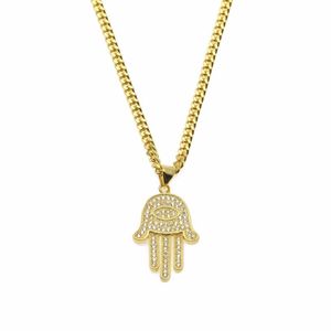 Pendanthalsband Gold Silver Fatima Hamsa Hand Bling CZ Iced Out Charm Cuban Chain For Women Mens Hip Hop Jewelry2312