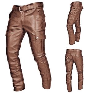 Pantaloni da moto in pelle da uomo 2024 con tasche cargo Pantaloni da uomo in PU nero senza cintura di grandi dimensioni 231225