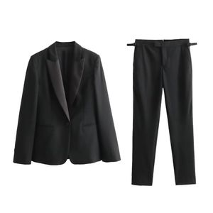 PB ZA 2023 Kış Kadın Moda Çok yönlü Flip Yaka Takım Emzirilmiş Buckle Dekorasyon Elbise Pantolon İki Parça Seti 231225