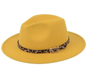 ファッションワイドのブリム帽子ヒョウ帽子柄のベルト飾りウールフェルトフェドラスハットキャップ
