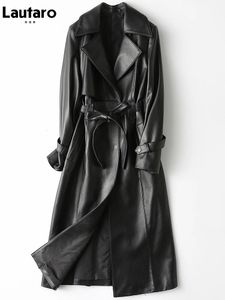 Lautaro outono longo preto couro do plutônio trench coat para mulheres cinto de manga elegante estilo britânico moda 4xl 5xl 6xl 7xl 231226