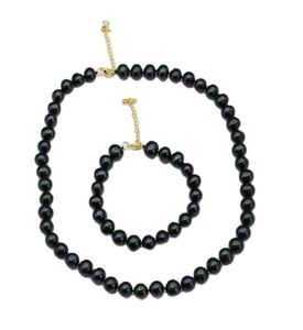 Real Natural Peacock blue Black Round Pearl Necklace Bracelet Sets Simple Gift For Lady Girls4653932