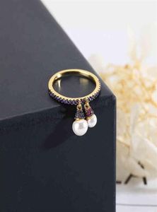 New Simple Exquisite Baroque Pearl Asymmetric Ring Purple Double Pearls Colorful Zirconia Jewelry Zk30186u1347039