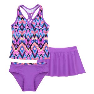 Conjunto de 3 peças de maiô infantil para meninas, decote em v, sem mangas, alças espaguete, top com cuecas e saia, conjunto de praia, biquíni, trajes de banho