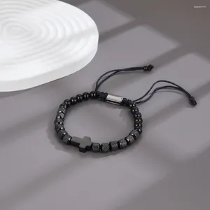 Bangle luxo pulseira de aço inoxidável para homens preto cruz mão tecida contas redondas pulseiras ajustáveis unisex jóias presentes