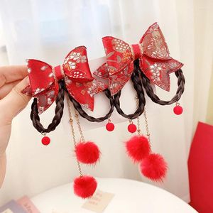 Accessori per capelli 2024 parrucca per bambini in stile cinese treccia clip rossa fortunata per bambini copricapo antico per bambini Hanfu con nappa