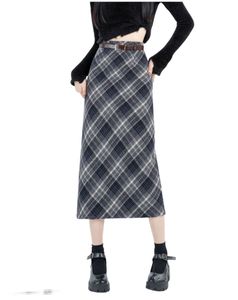 Förtjockad ullplädkjol Kvinnor Autumn and Winter Long Plaid A-Word Hip Dress S M L XL