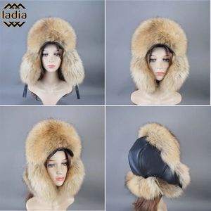 Windproof Winter Men Women's Pilot Bomber Trapper Hats Real Fox Raccoon Fur Leather Snow Cap with Ear Flaps Brim Hats 231225