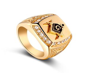 Vintage Gold Color Signet Symbole z kryształowymi masoni mężczyźni Pierścień Freemason Męskie pierścienie 6715271