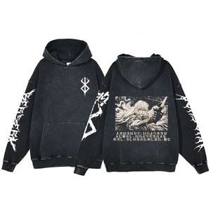 Anime Berserk Sweatshirts Erkekler Manga Baskı Hoodie Vintage Siyah%100 Pamuklu Hoodies Kadın Hiphop Sokak Giyim Büyük Boy Hoody Giysiler