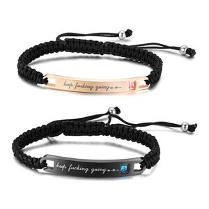 Palavras inspiradoras continuar casal pulseira de aço inoxidável tag corda tecido ajustável pulseira jóias para amante328e