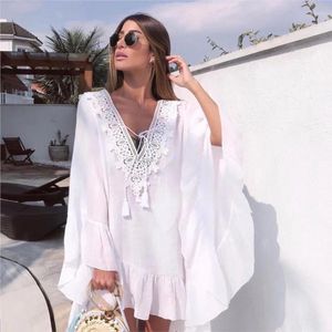 Women's Swimwear Beach Dress Summer Women 2023 Cover Up Pure Color Lace Batwing Outside Bikini One Piece Smock Solid Polyester Bath