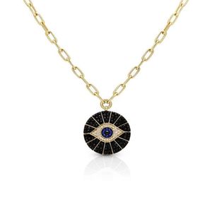 Gold filled black cubic zirconia round coin evil eye pendant necklace wide open link chain for women 2010149501372
