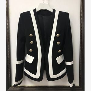 HIGH STREET Fashion Designer Blazer Womens Classic Black White Color Block Metal Buttons Jacket Outer Wear 231225