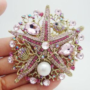 Whole Fashionable Jewelry Sweet Pink Rhinestone Crystal Starfish Pearl Goldplated Brooch Pin Pendant 2150694